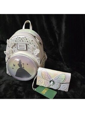 Loungefly Wicked Glinda Iridescent White Mini Backpack Wallet Set Butterflies